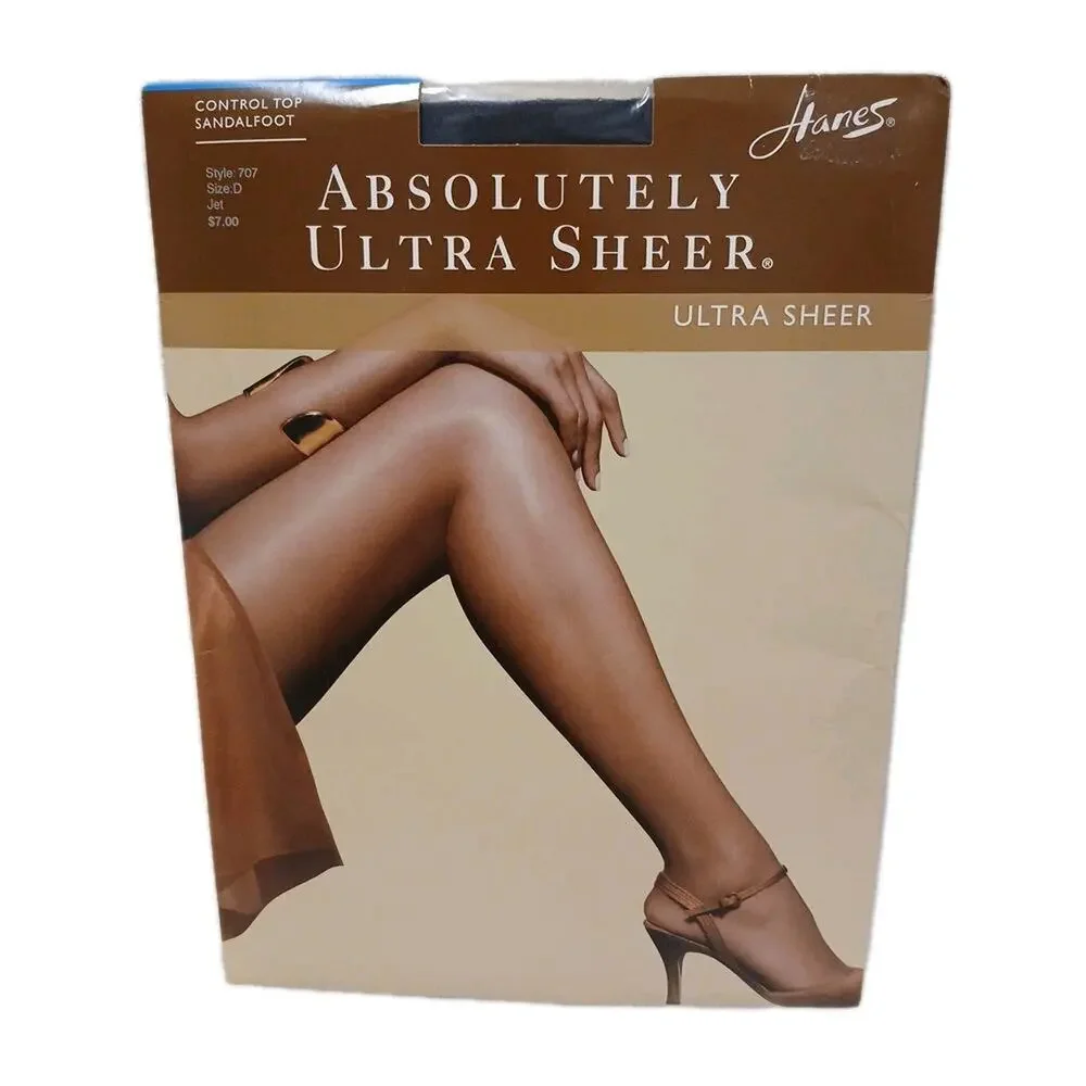 Vintage New Hanes Control Top Sandalfoot Ultra Sheer Pantyhose JET Sz D No Lines